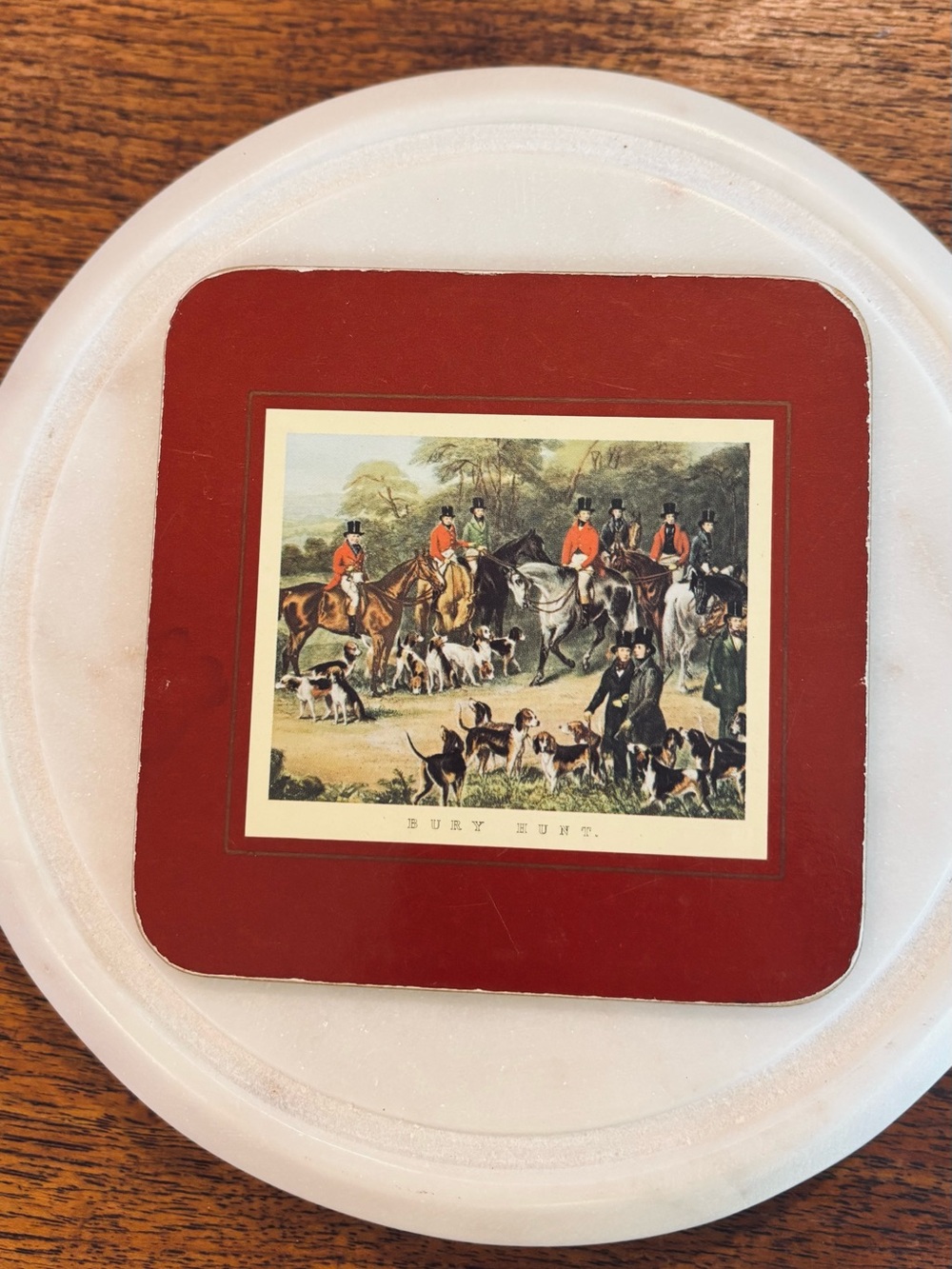 Vintage Pimpernel coasters featuring classic English fox hunting scenes.